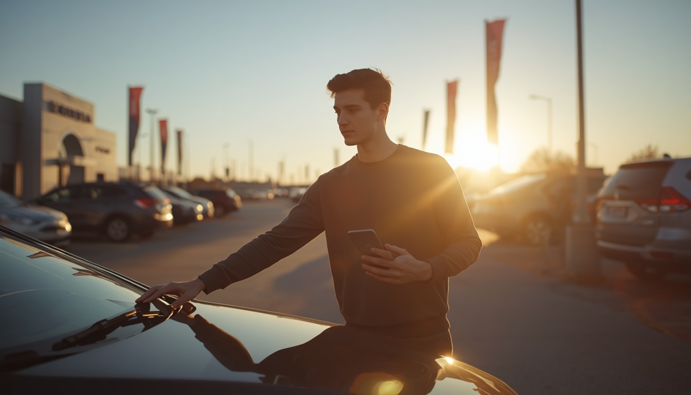 auto loan calculator: driver checking loan terms on a phone at a car dealership lot