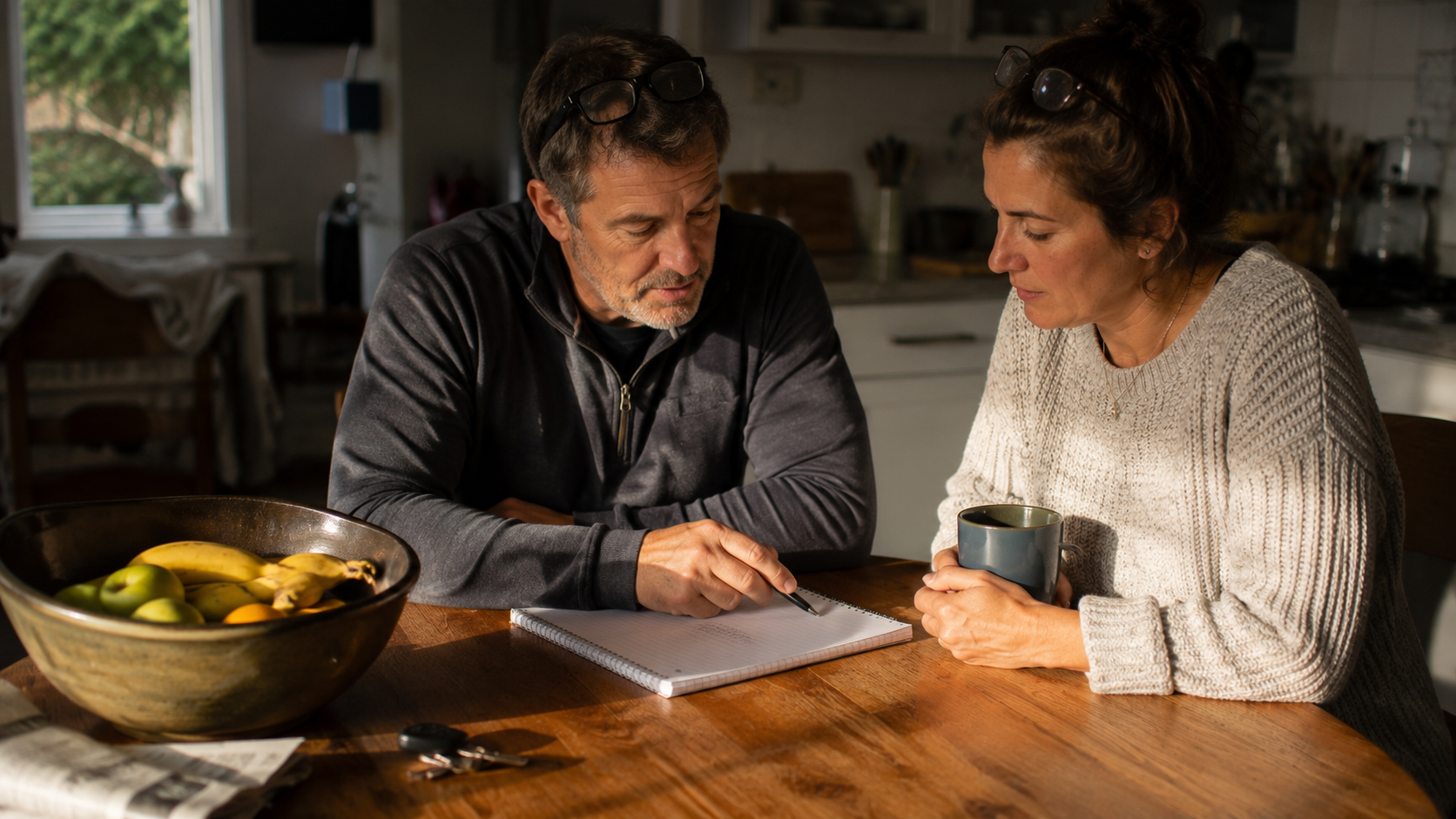 calculate body fat with height and weight — couple reviewing a notebook together at a kitchen table