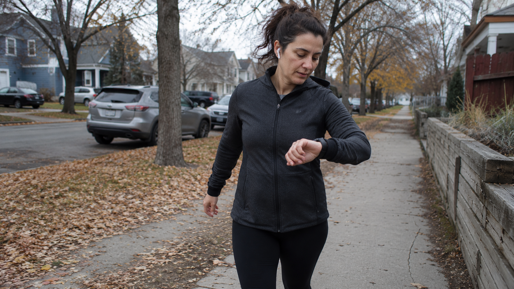 calculate body fat with height and weight — woman checking a fitness tracker during an outdoor walk
