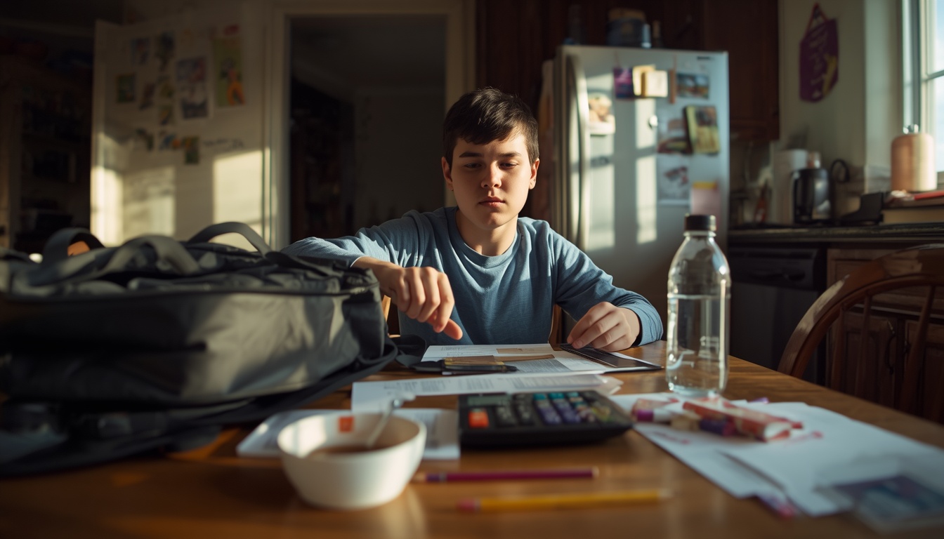 calculator for advanced math: student prepping calculator and supplies at a kitchen table