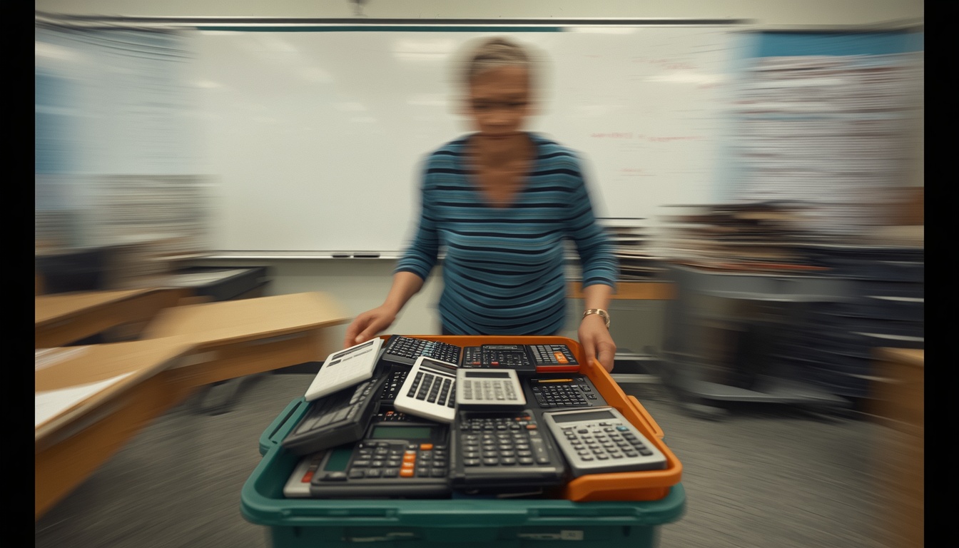 calculator for advanced math: teacher sorting a classroom tray of calculators