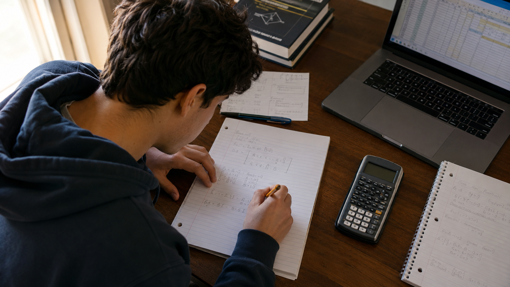 how to find the eigen values — student solving a matrix problem by hand in a notebook