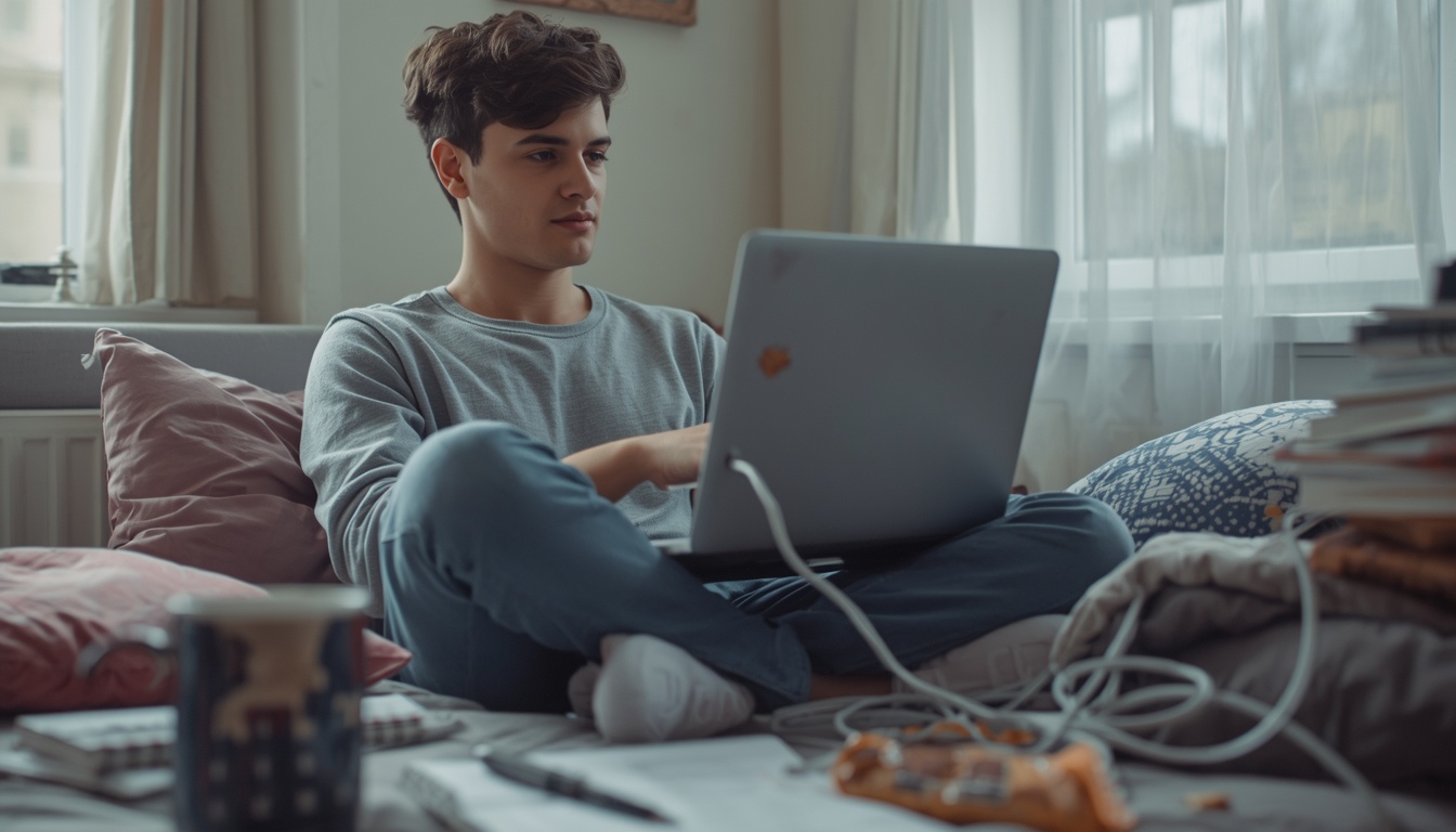 math calculator online free: student using full-screen scientific mode on a laptop in a dorm room