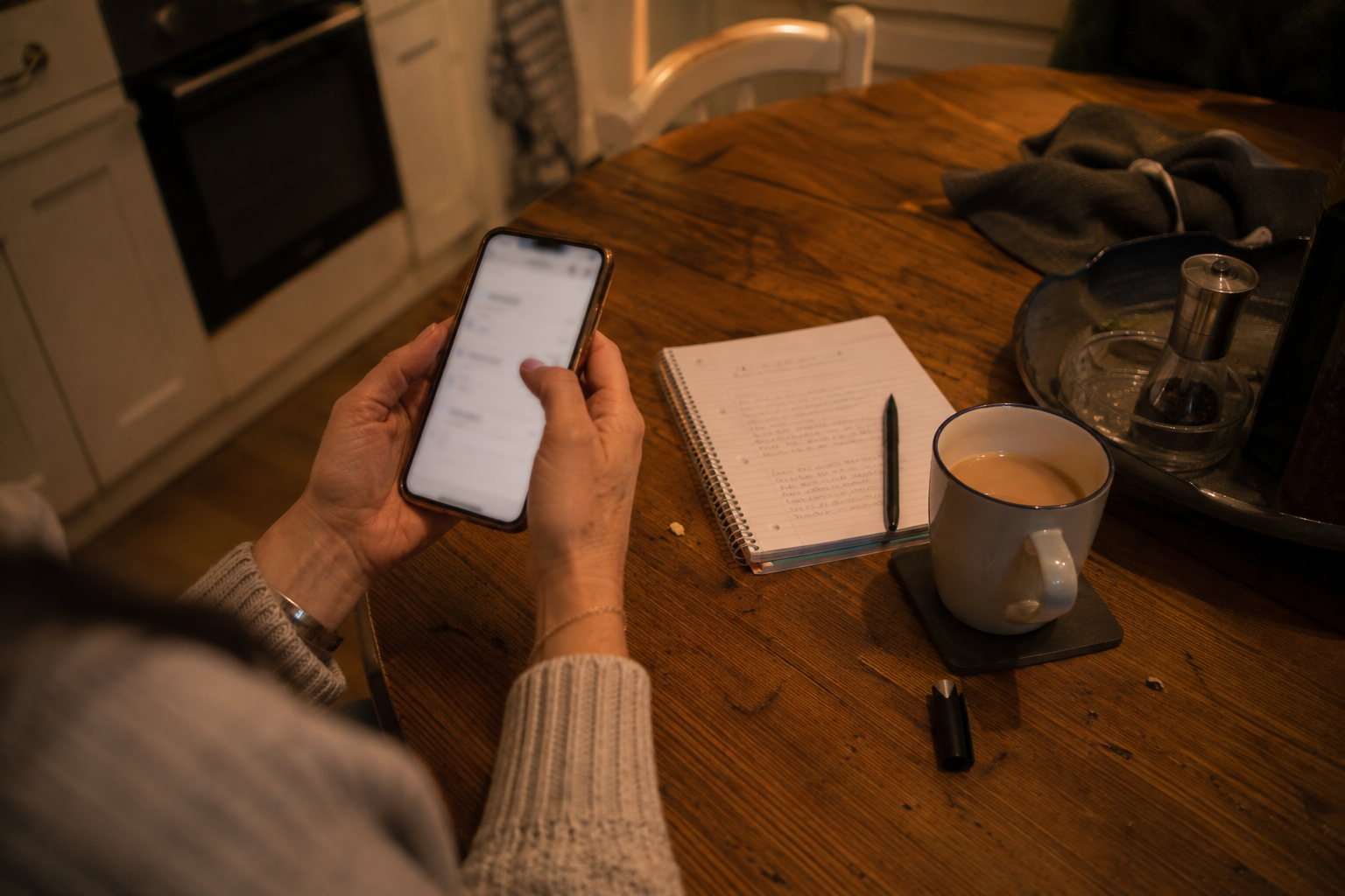 what is my body fat percentage uk — person checking calculator results on a phone at a kitchen table