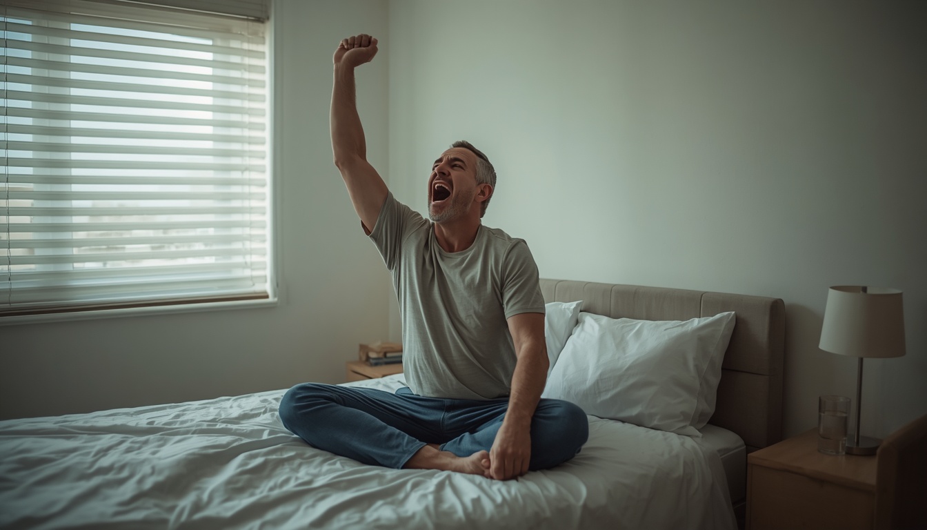 Sleep calculator: man stretching and yawning while waking up in soft morning light