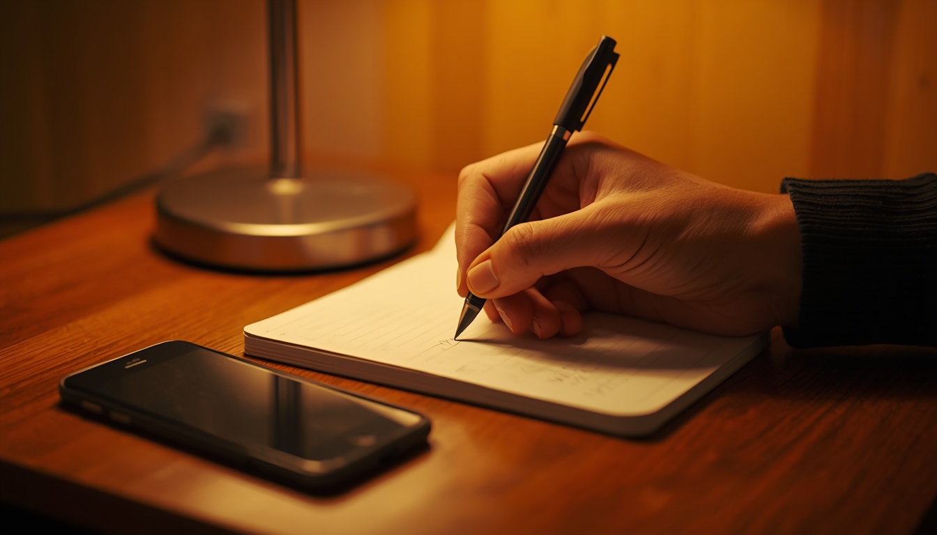 Sleep calculator: hand writing a bedtime routine in a notebook by lamp light at night