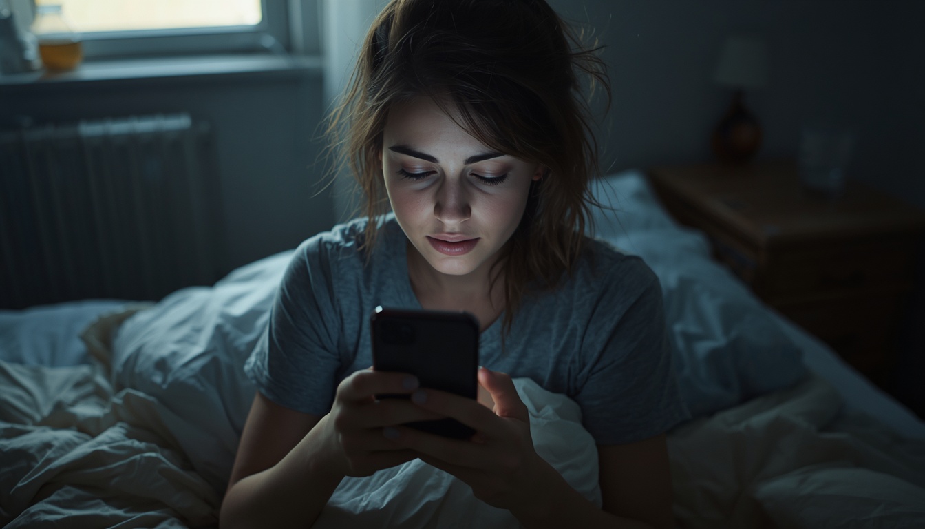 Sleep calculator: woman waking to an alarm in a dim bedroom checking the time on her phone