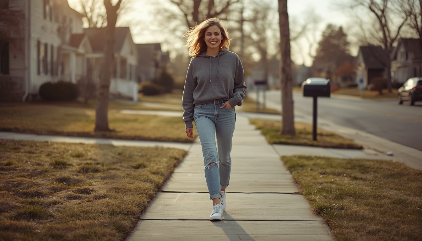 Sleep calculator: woman walking outside energized in early morning light after a full sleep cycle