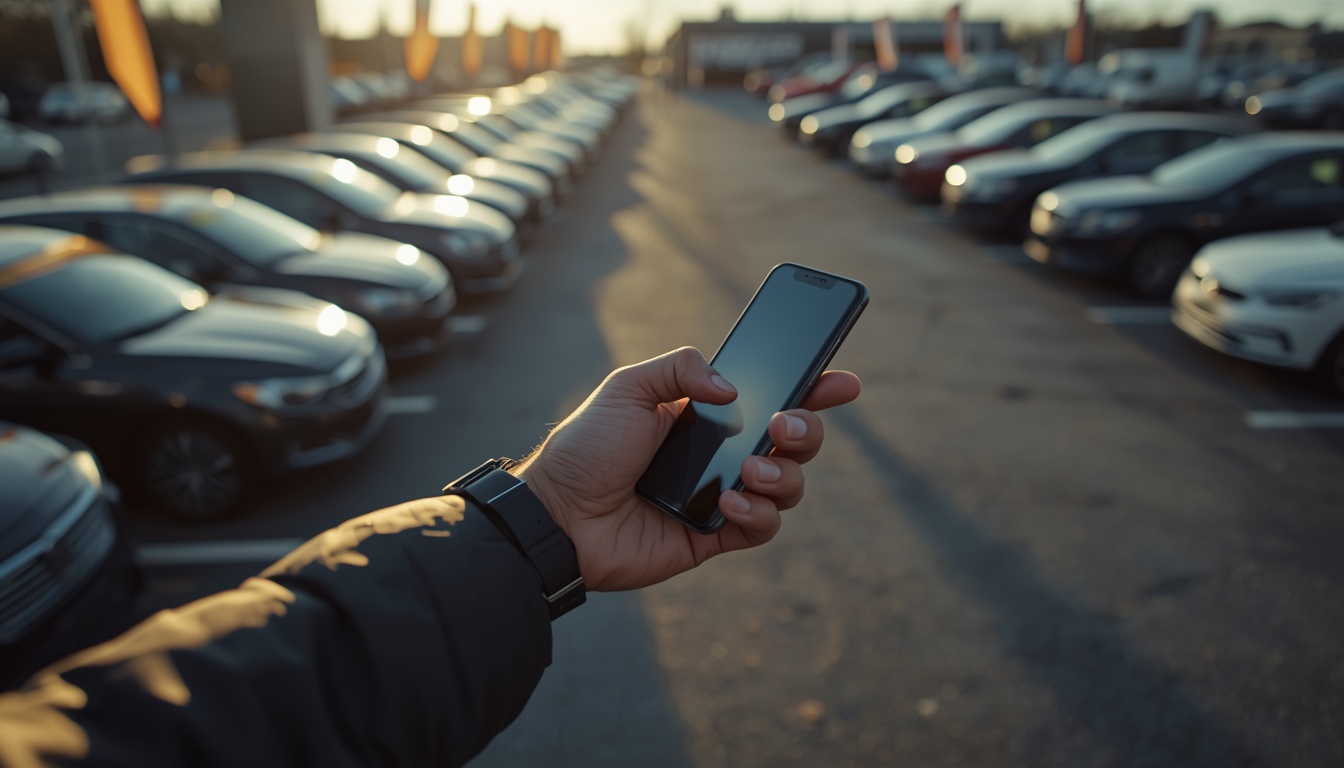 bank of america car payment calculator — hand holding a phone with a loan estimate on a dealership lot