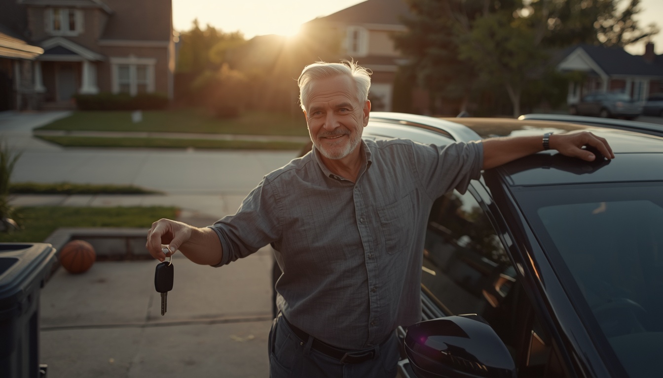 bank of america car payment calculator — driver holding keys beside a car in a driveway after financing