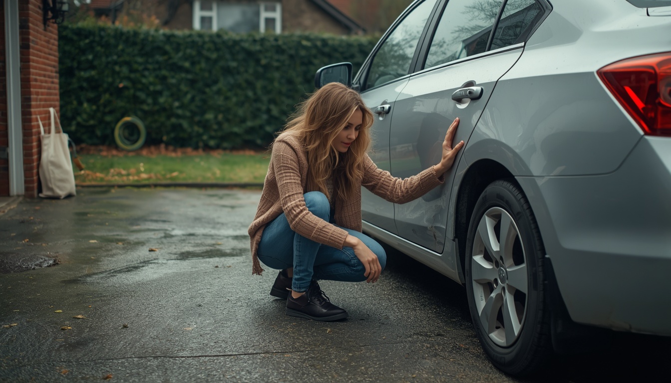 bank of america car payment calculator — buyer inspecting a used sedan in a driveway before financing
