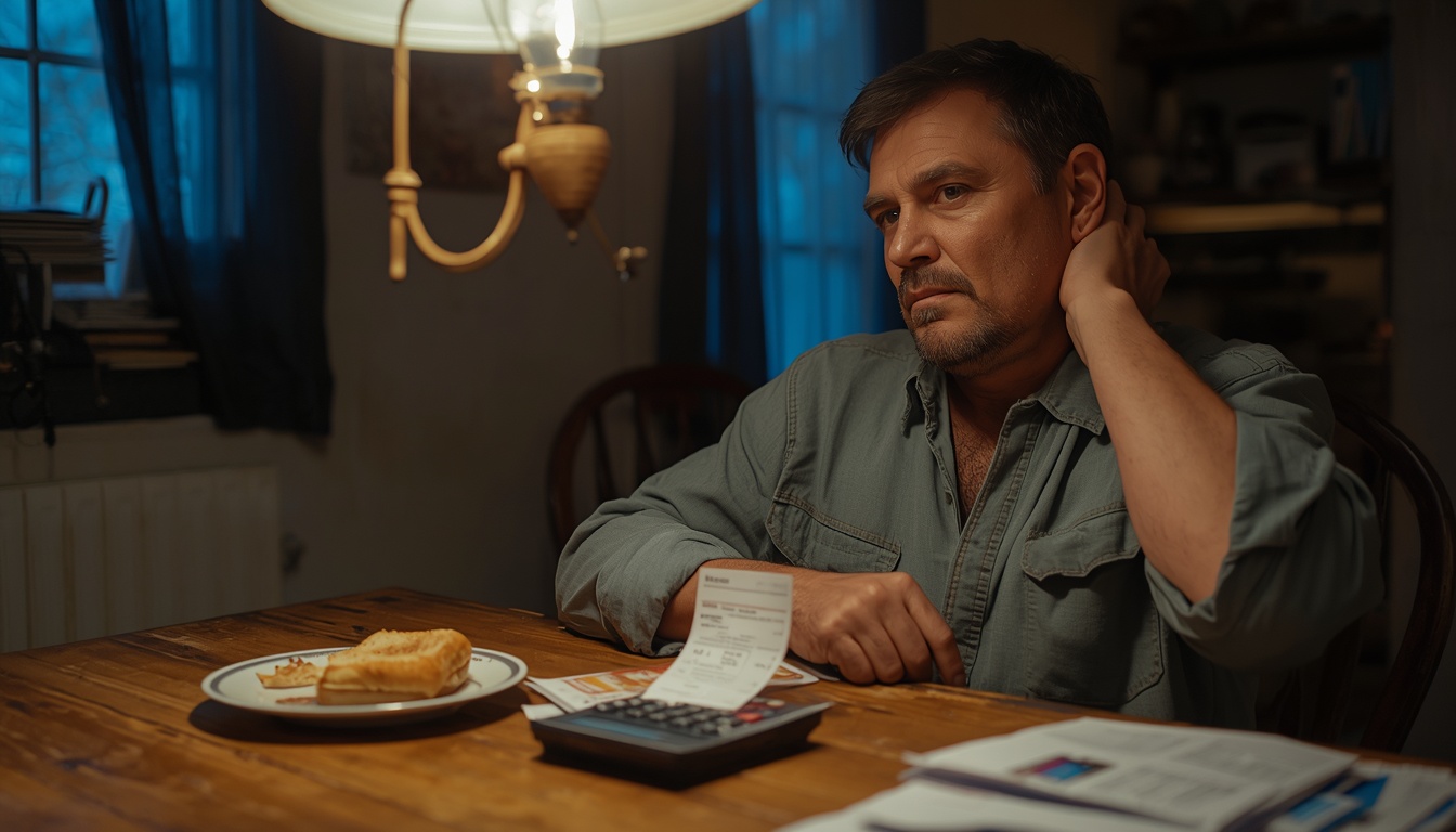 how to calculate overtime pay — worker reviewing a paycheck at a kitchen table after a long week