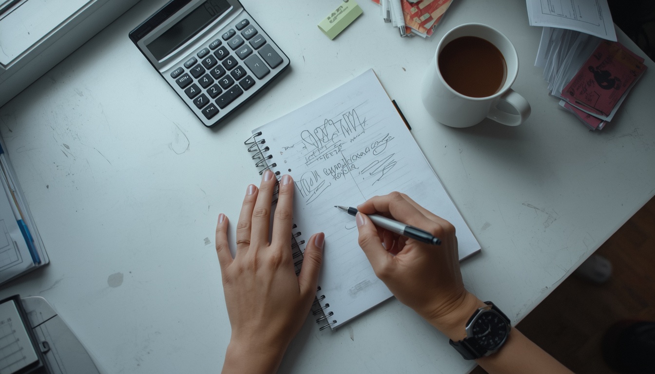how to calculate overtime pay — hands working through an hourly overtime rate with a calculator and notebook