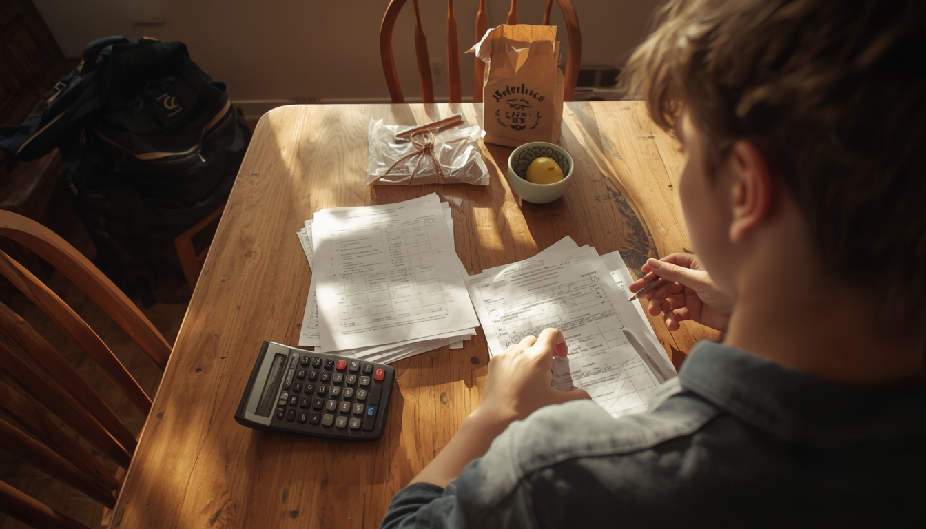 gpa calculator - high school student comparing weighted and unweighted grades at a kitchen table